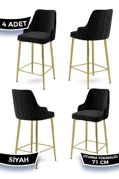 Canisa Enox Serisi 4 Adet Siyah Mutfak Bar Sandalyesi Babyface Kumaş Gold Kap...