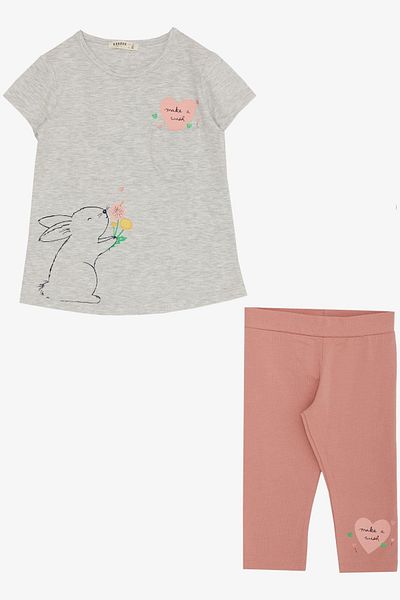 Breeze Girl's Capri Tights Set Love Themed Rabbit Printed 1.5-5 Years, Light Gray Melange