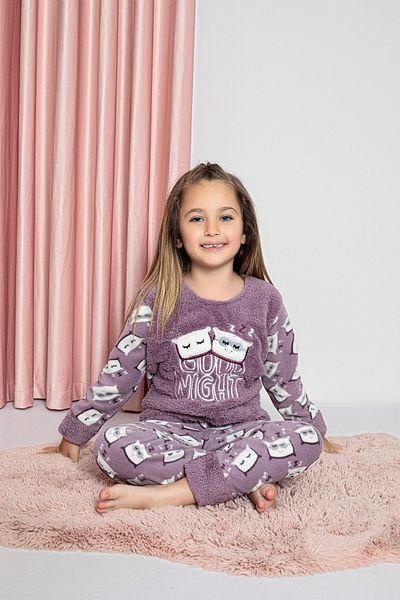 KAPİKİDS KAPİ KİDS Long Sleeve Padded Purple Color Girl's Fleece Children's Pajama Set