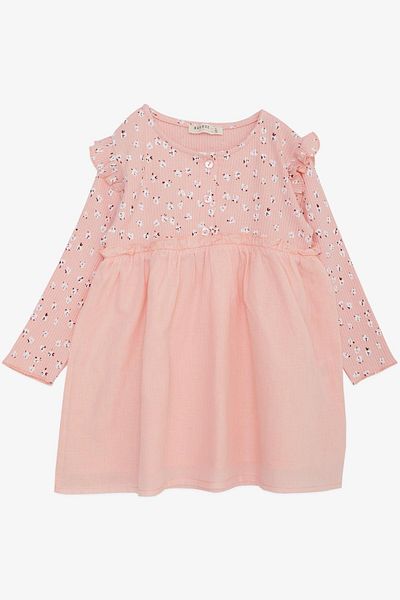 Breeze 2-6 Years Girl Pink Long Sleeve Floral Print Dress with Buttons and Ruffles on the Shoulder