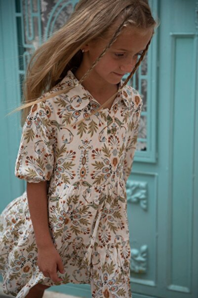 Escabel Girl's Dress Flower Motif Sleeves Flounced Age 5-9 Ecru