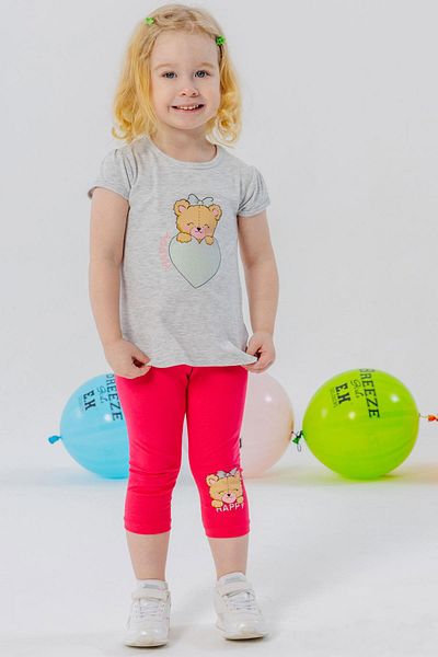 Breeze Girl's Capri Tights Set Happy Teddy Bear Printed Heart 1-4 Years, Light Gray Melange