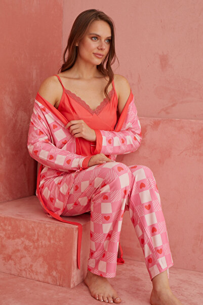 ELİTOL Αποκλειστικό πλεκτό σετ πιτζάμες με καρό λουλούδι ρόδι