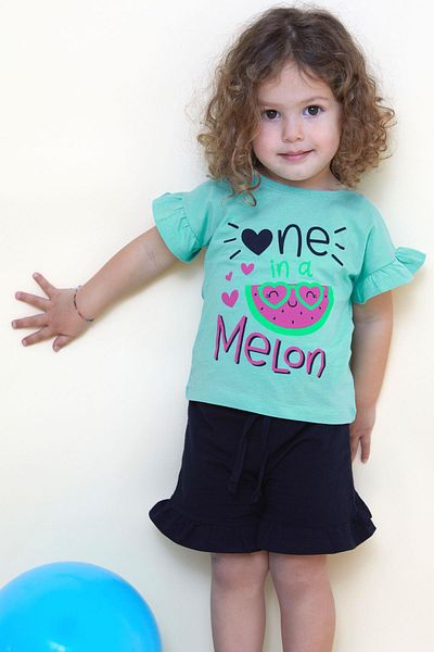 Macawi 3-7 Years Girl's Shorts Set - Cute Glasses, Melon Print, Water Green
