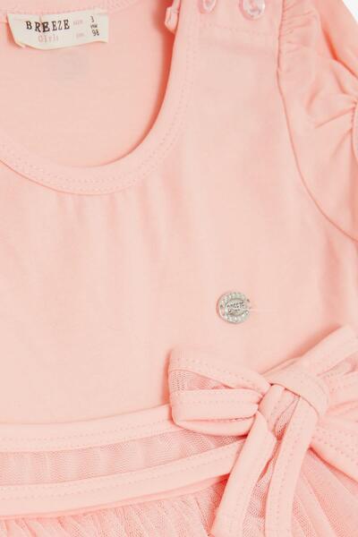 Breeze Kız Çocuk Elbise Tüllü Fiyonklu Armalı 1.5-5 Yaş, Somon
