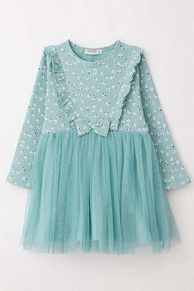 Breeze Water Green Floral Patterned Girl's Dress - Long Sleeve and Bow, 2-6 Years