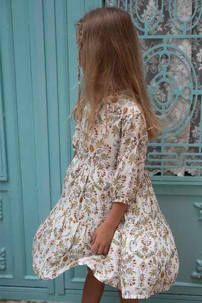 Escabel Rochie Fata Motiv Floral Maneci Volant Varsta 5-9 Ecru