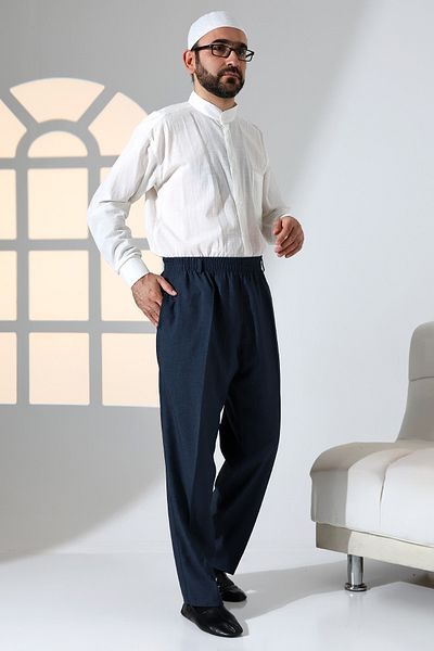 ihvanonline Men's Relaxed Fit Elastic Waist Pocket Hajj and Umrah Fabric Shalwar Trousers - Navy Blue (Isr)
