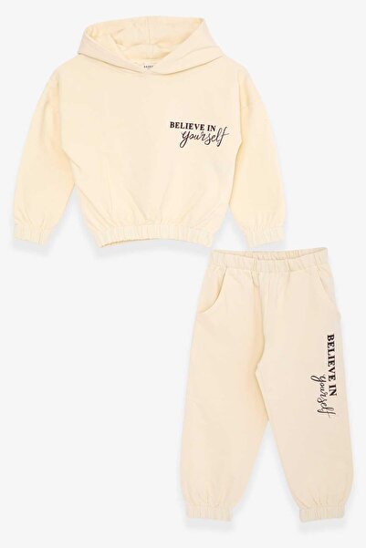 Breeze Σετ αθλητικής φόρμας για κορίτσια με στάμπα με κουκούλα 3-7 ετών, κρεμ
