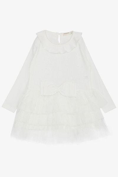 Breeze Girl's Long Sleeve Dress with Tiered Tulle and Bow, 1.5-5 Years, White