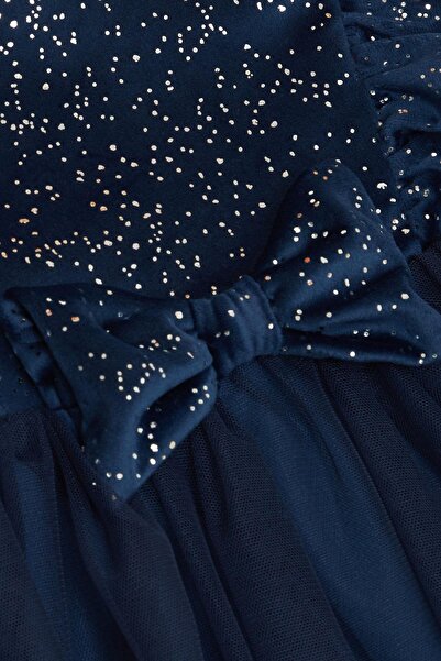 Breeze Kız Çocuk Kadife Elbise Fiyonklu Simli Tüllü 4-8 Yaş, Lacivert