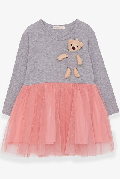 Breeze Kız Çocuk Uzun Kollu Elbise Ayıcık Aksesuarlı 3-8 Yaş, Gri Melanj