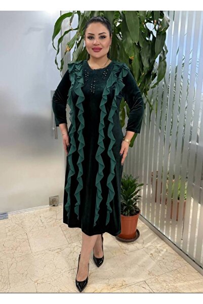 mardi exclusive فستان مخملي مكشكش باللون الأخضر مقاس كبير