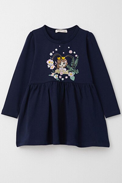 Breeze 3-7 Years Girl's Navy Blue Long Sleeve Flower Printed Dress