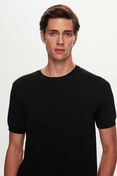 Twn Slim Fit Μαύρο Απλό Πλεκτό Καλοκαιρινό Πλεκτό Μπλουζάκι από Ραγιόν