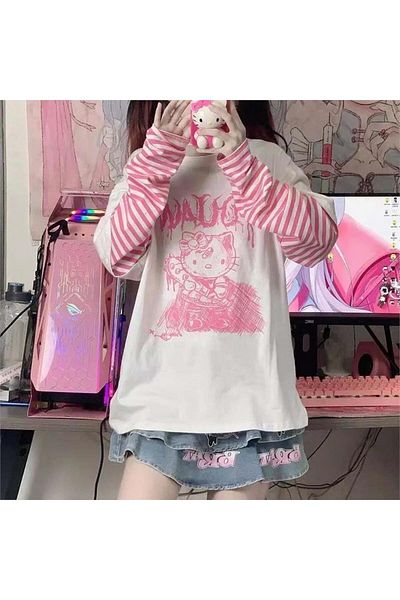 Köstebek Veteran Hello Kitty White Unisex Pink Striped Sleeve Sweatshirt