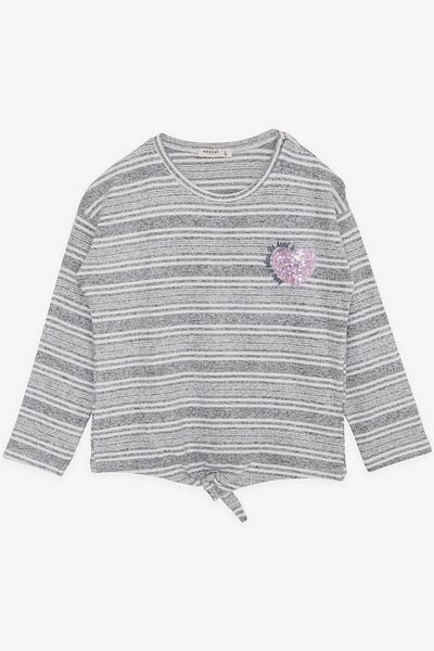 Breeze Girl's Knitwear Sweater Sequined Heart Printed Text Embroidered 9-14 Years, Gray Melange