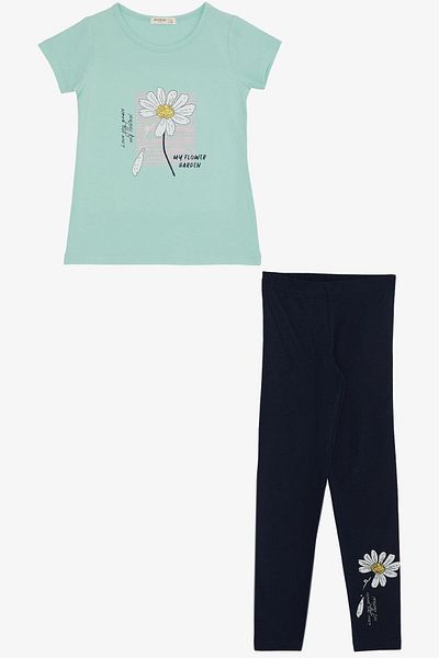 Breeze Daisy Printed Girl's Tights Set - Age 4-9, Water Green