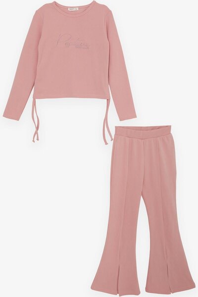 Breeze Girl's Flare Leg Tights Set Text Embroidered Corded 6-12 Years, Salmon