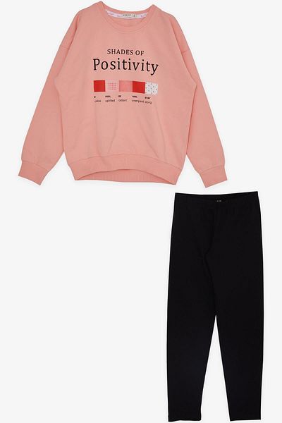 Breeze Salmon Colored Tights Set for 7-12 Years Old Girls - Text Printed