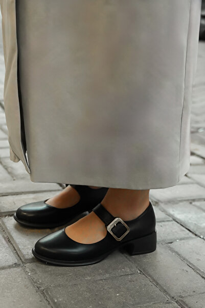 Marjin Kadın Loafer Tokalı Günlük Kalın Topuklu Ayakkabı Meniz Siyah