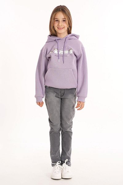 zepkids Cat Printed Kangaroo Pocket Powder Lilac Color Girl's Hooded Sweatshirt