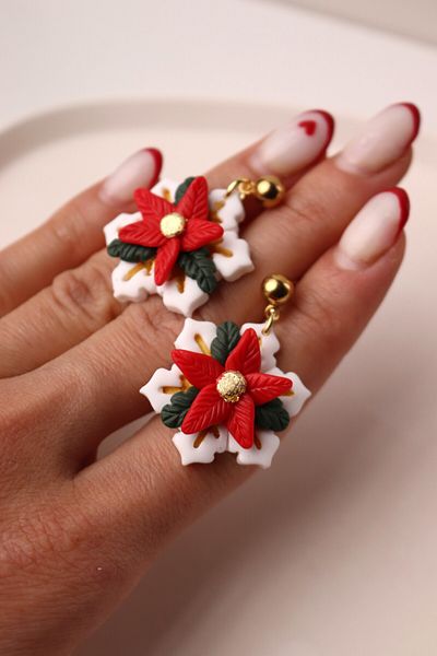 Gizy Store Polymer Clay Snowflake Poinsettia Poinsettia New Year Christmas Winter Earring Handmade
