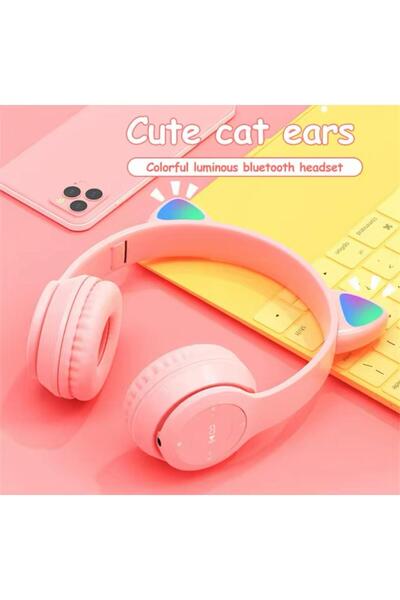 LENSUN Kablosuz Bluetooth Kulaküstü Kedili P47m Kulaklık Rgb Işıklı Kedi Desenli Kulaklık P47m