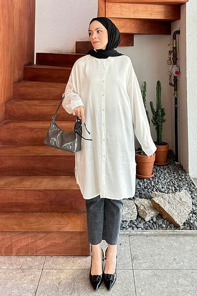 lamelif Ecru Color Oversize Tunic