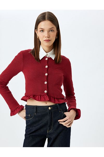 Koton Crew Neck Slim Fit Crop CarDigan - ButtoneD anD Ruffle Detail