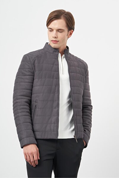 İmza Anthracite Suede Look Faux Leather - Prevailing Collar Slim Fit Casual Coat 1038245150