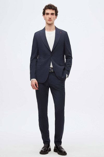 Twn Slim Fit Navy Blue Stripe Print Suit
