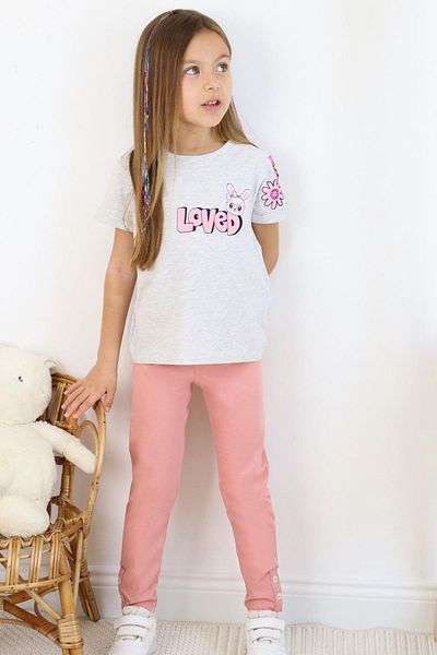 Breeze 4-8 Years Old Girl Love Tights Set - Bunny Printed, Light Gray Melange