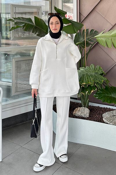 lamelif White Three Thread Half Zipper Suit