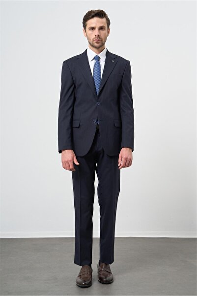 İmza Lacivert Çizgili Mono Yaka Astarlı 6 Drop Slim Fit Dar Kesim Takım Elbise 1001245102