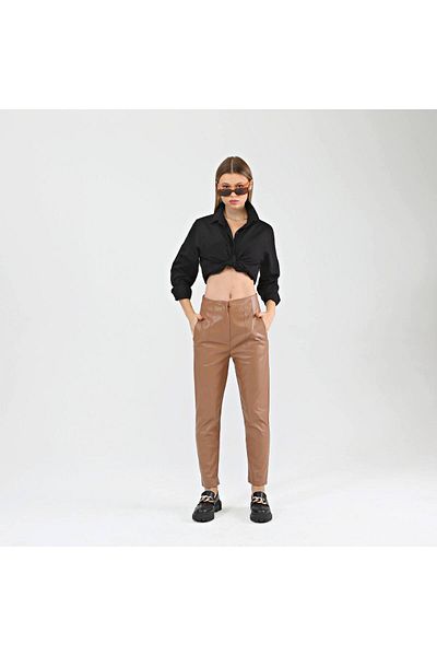 OUZ Fashion Women's High Waist Raised Leather Pants