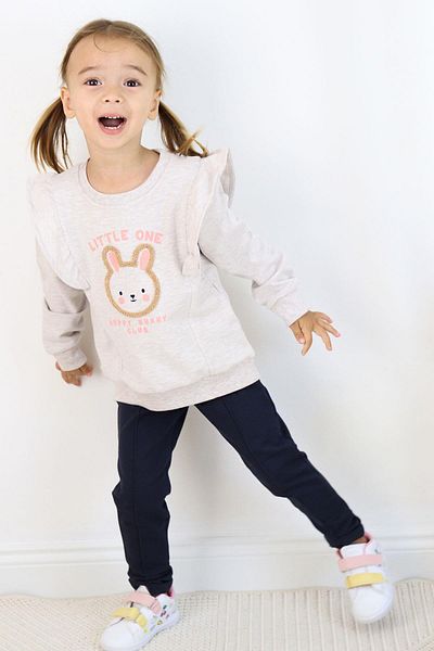 Breeze Girl's Tights Set with Cute Bunny Embroidery and Ruffles on the Shoulder Age 2-6, Beige Melange