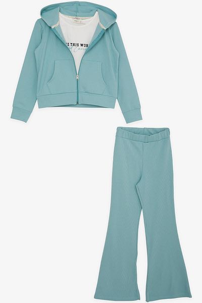 Breeze Girl's 3-Piece Tights Set, Ribbed, Zippered, Text Printed, Age 9-14, Water Green