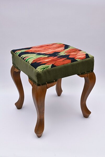 Gilem El Yapımı Özel Tasarım Yün Kilim Ahşap Puf