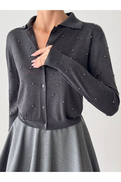 My Blog Anthracite Polo Neck Mini Heeled Cardigan -4560