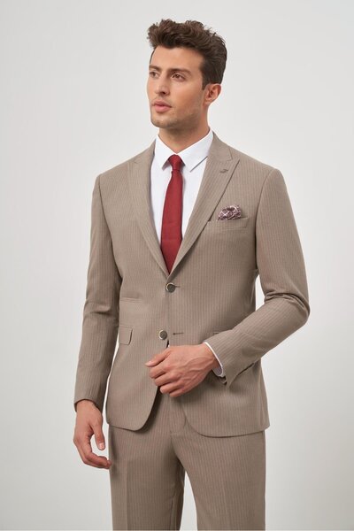 İmza Koyu Vizon Çizgili Mono Yaka Astarlı 6 Drop Slim Fit Dar Kesim Takım Elbise 1001245106