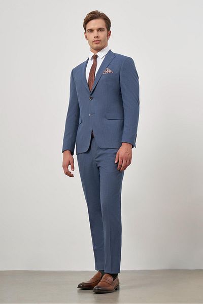İmza Μπλε ναυτικό ριγέ Slim Fit μονόχρωμο κοστούμι πέτο - 6 Drop Lined 1001245106