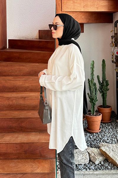 lamelif Ecru Color Oversize Tunic