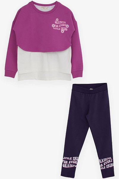Breeze Girl's Tights Suit with Lettering Floral Print, Age 8-12, Lilac