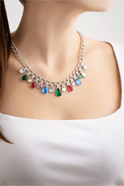 So CHIC... Tropik Renkler 18 Ayar Beyaz Altın Kaplama 45 Cm Gümüş Tasarım Gerdanlık