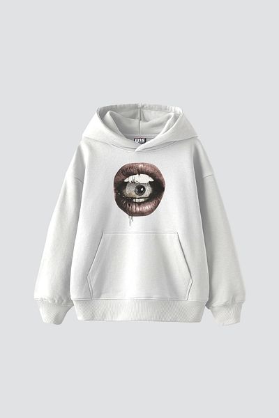 Sekizbiraltı Eye In Mouth Printed Oversize Unisex Premium White Hoodie