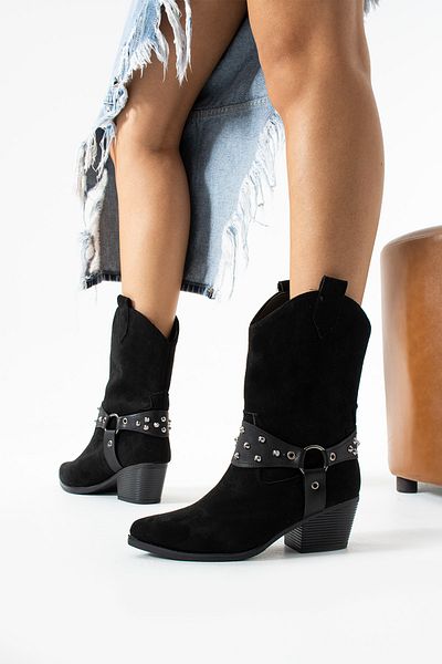 Moda Devrin Semišové westernové krátké kovbojské boty s černou přezkou