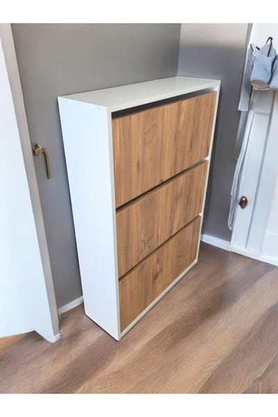 AZZURİ AZZURİ Aylin Düşer 3 Kapaklı 6 Gözlü Beyaz Duvara Monte Edilebilir Ayakkabılık Meşe