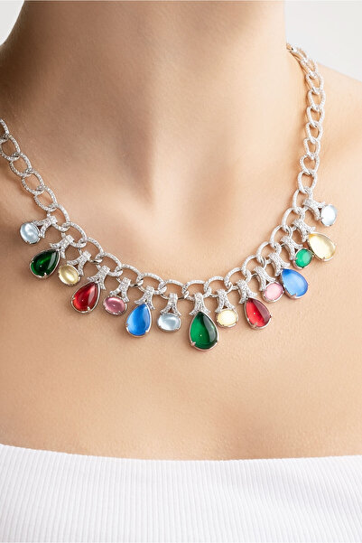 So CHIC... Tropik Renkler 18 Ayar Beyaz Altın Kaplama 45 Cm Gümüş Tasarım Gerdanlık