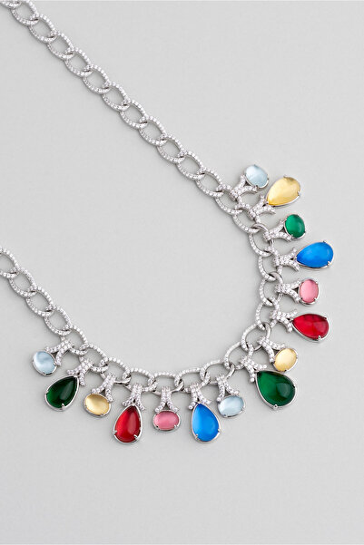 So CHIC... Tropik Renkler 18 Ayar Beyaz Altın Kaplama 45 Cm Gümüş Tasarım Gerdanlık